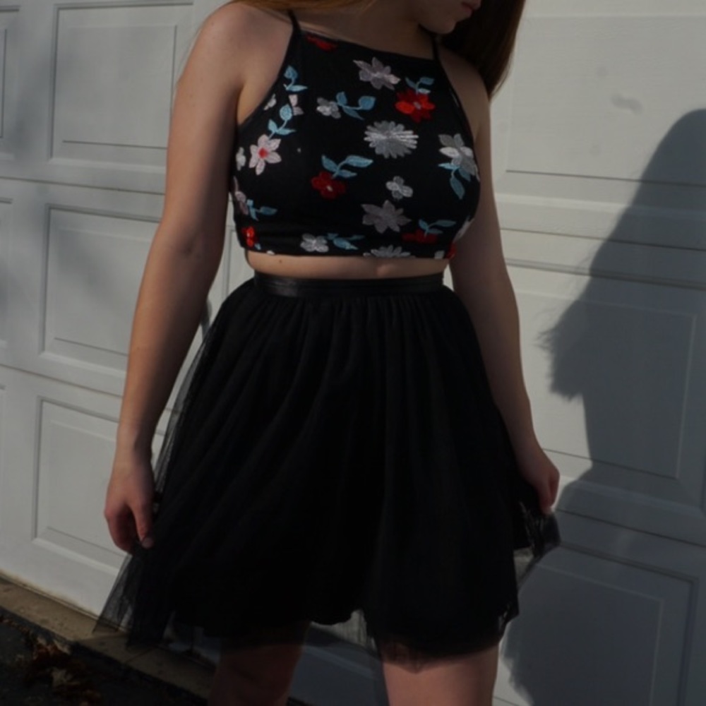 Black mock-two-piece dress with embroidery flowers